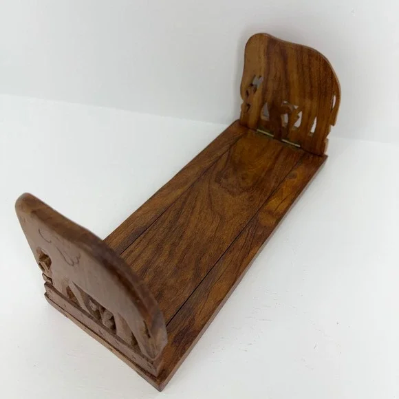 Hand Carved Wooden Elephant Sliding Bookrack Adjustable Folding Book Ends Brown - Picture 3 of 10